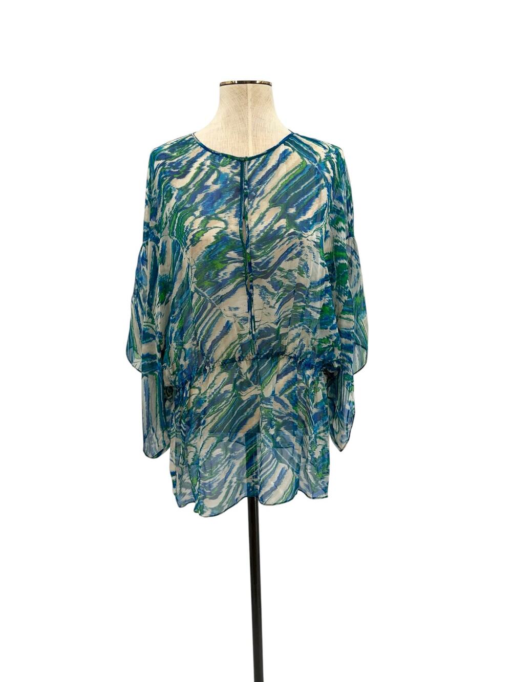 Tory Burch Margarete Kimono Sheer Tunic Blouse Blue Green Print Size 10